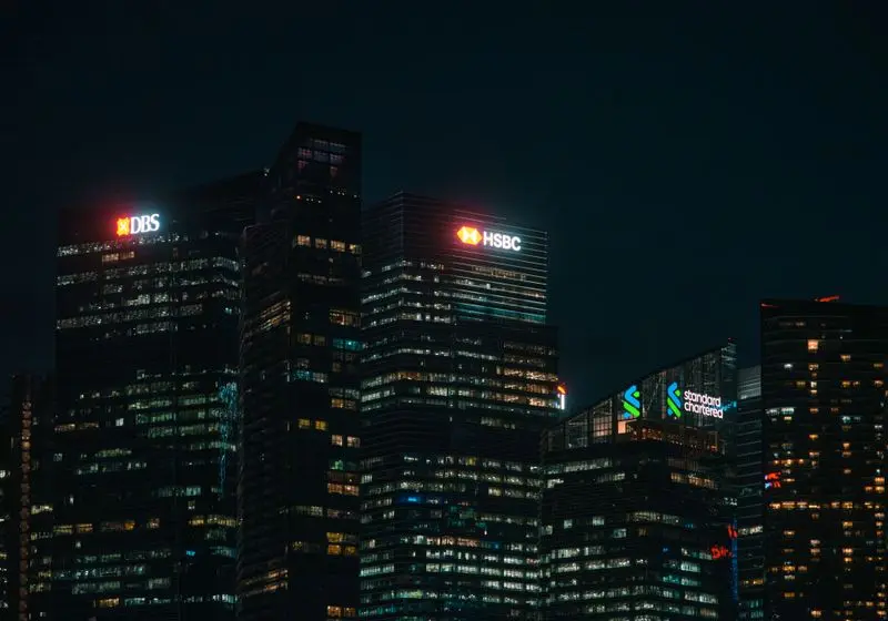 Financial district skyline at night